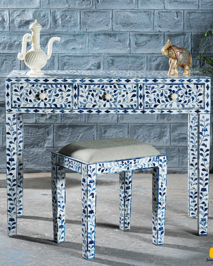 Dreamy Blue Bone Inlay Vanity Table with Matching Stool