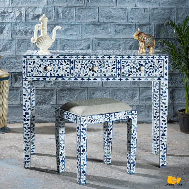 Dreamy Blue Bone Inlay Vanity Table with Matching Stool