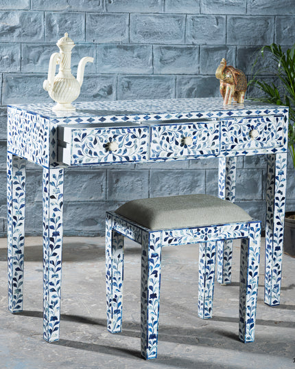 Dreamy Blue Bone Inlay Vanity Table with Matching Stool