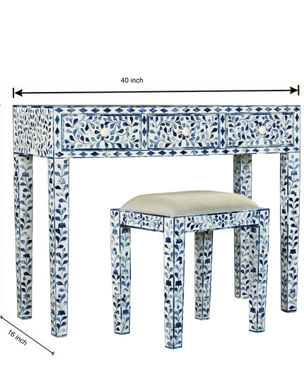 Dreamy Blue Bone Inlay Vanity Table with Matching Stool