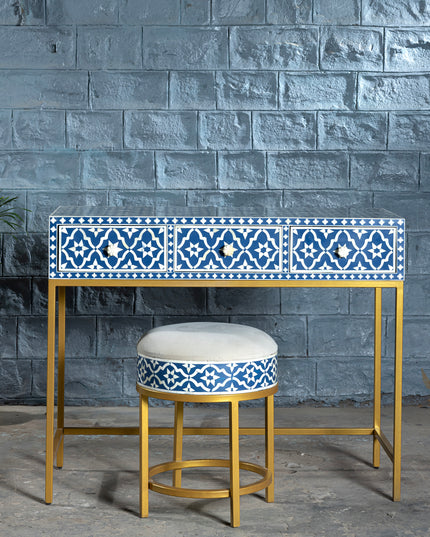 Moroccan Tile Bone Inlay Vanity Table with Round Stool