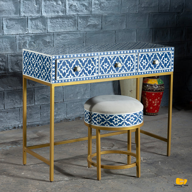 Moroccan Tile Bone Inlay Vanity Table with Round Stool