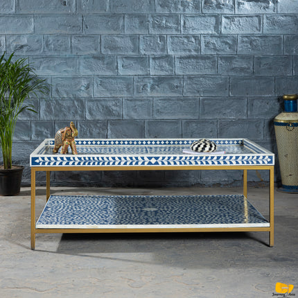 Double-Tier Floral Coffee Table with Brass Base