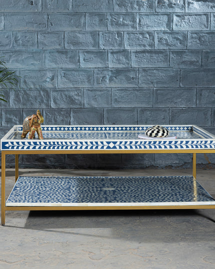 Double-Tier Floral Coffee Table with Brass Base