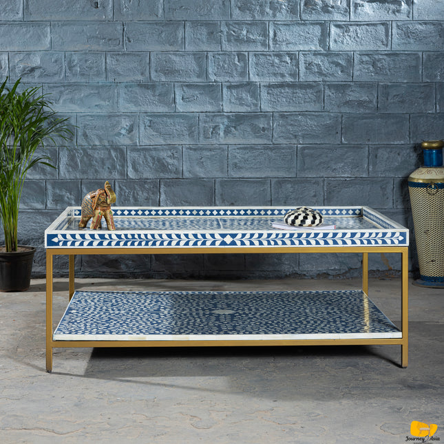 Double-Tier Floral Coffee Table with Brass Base