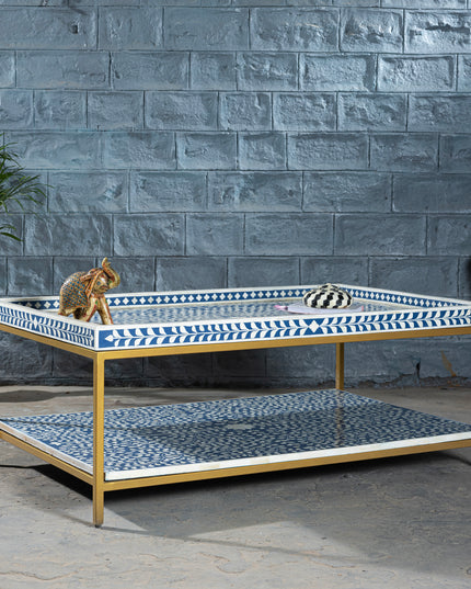 Double-Tier Floral Coffee Table with Brass Base