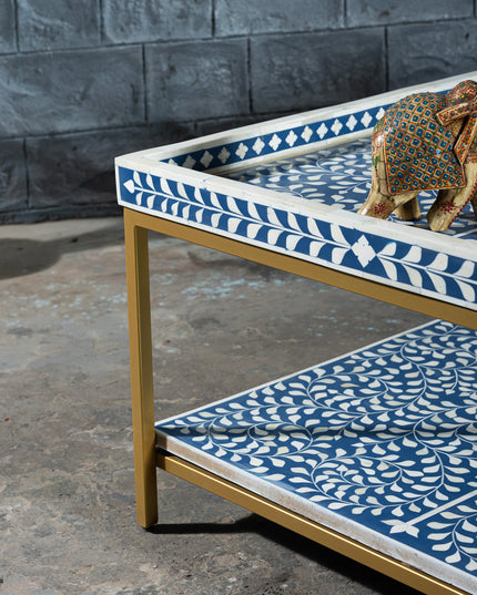 Double-Tier Floral Coffee Table with Brass Base