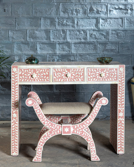 Pretty Pink Bone Inlay Vanity Table with Matching Stool