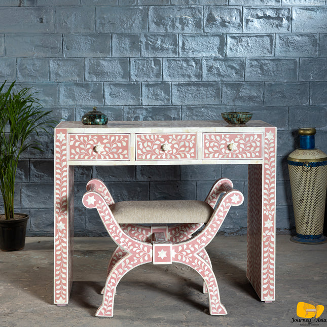 Pretty Pink Bone Inlay Vanity Table with Matching Stool
