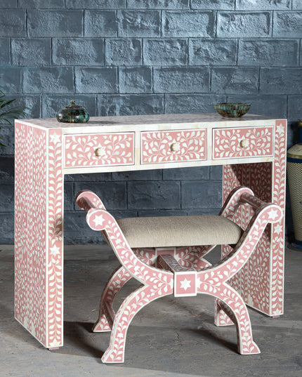 Pretty Pink Bone Inlay Vanity Table with Matching Stool