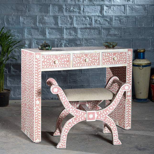 Pretty Pink Bone Inlay Vanity Table with Matching Stool