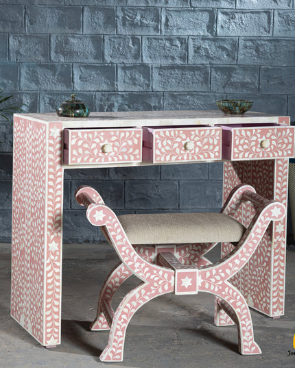 Pretty Pink Bone Inlay Vanity Table with Matching Stool