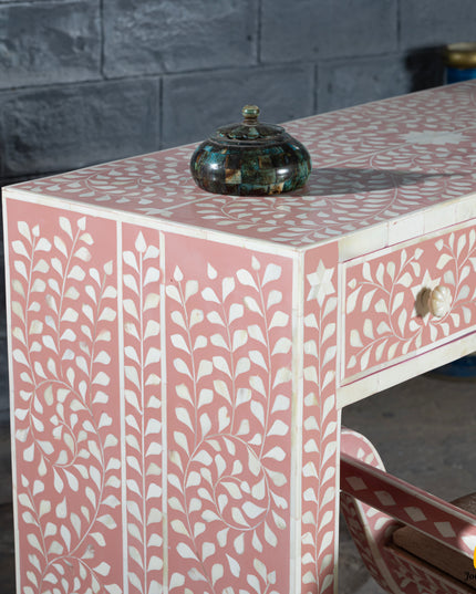 Pretty Pink Bone Inlay Vanity Table with Matching Stool