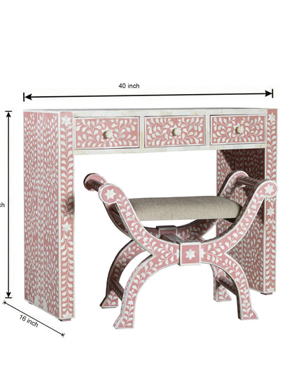 Pretty Pink Bone Inlay Vanity Table with Matching Stool