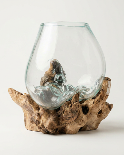 Hand-Blown Glass & Natural Tree Stump Vase