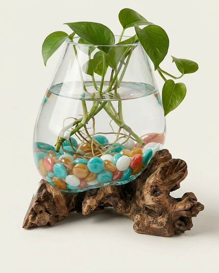 Hand-Blown Glass & Natural Tree Stump Vase