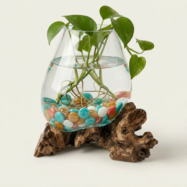 Hand-Blown Glass & Natural Tree Stump Vase