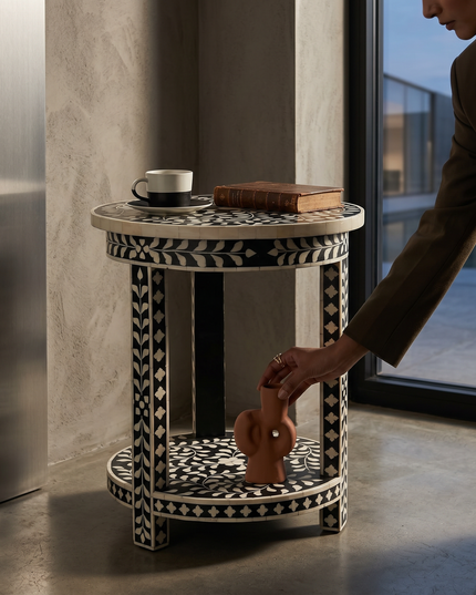 Bone Inlay Round Accent Table