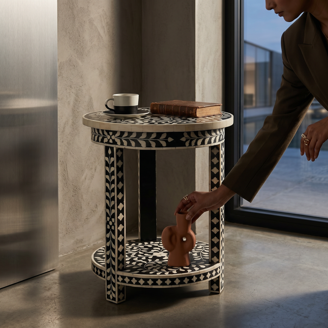 Bone Inlay Round Accent Table