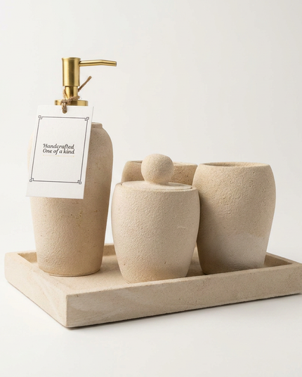 Limestone Bathroom Accessories Set – 5 Piece Handmade Collection