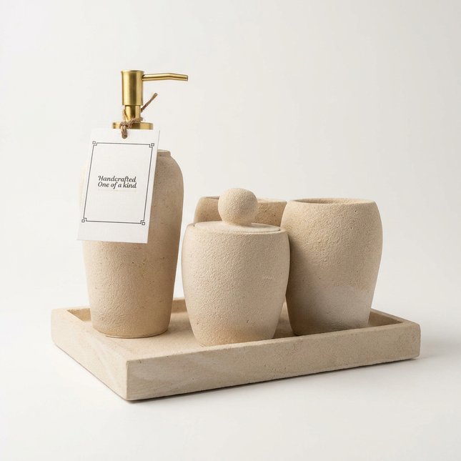 Limestone Bathroom Accessories Set – 5 Piece Handmade Collection
