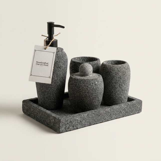 River Rock Bathroom Accessories Set – 5 Piece Handmade Collection