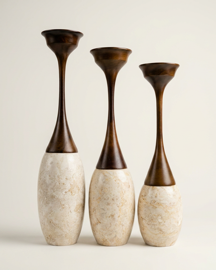 Marble & Wood Candle Holders – Set of 3