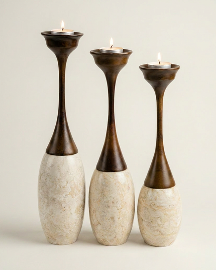 Marble & Wood Candle Holders – Set of 3