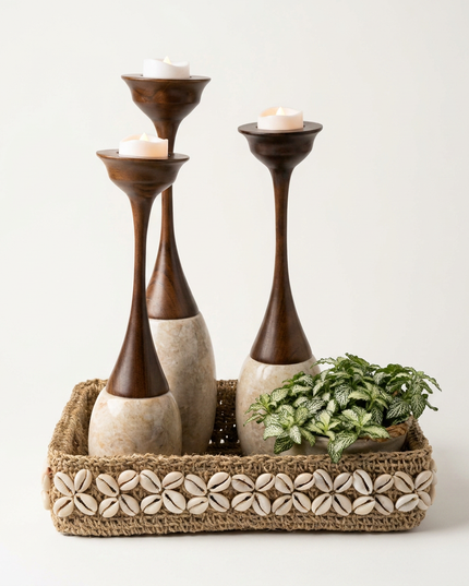Marble & Wood Candle Holders – Set of 3