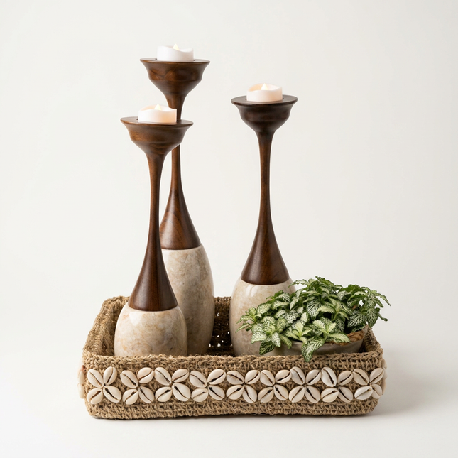 Marble & Wood Candle Holders – Set of 3