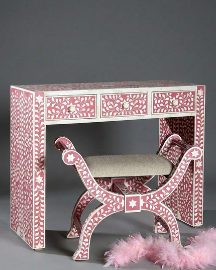 Pretty Pink Bone Inlay Vanity Table with Matching Stool