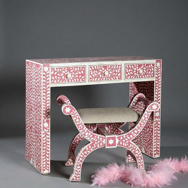 Pretty Pink Bone Inlay Vanity Table with Matching Stool