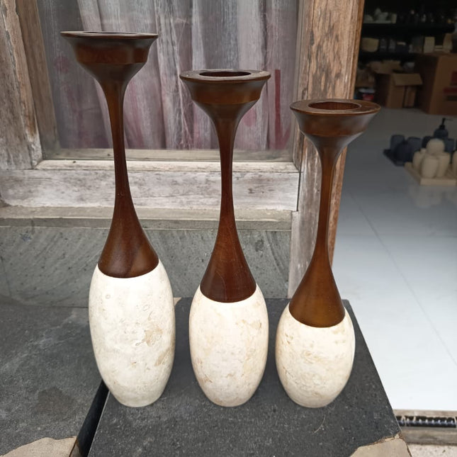 Marble & Wood Candle Holders – Set of 3