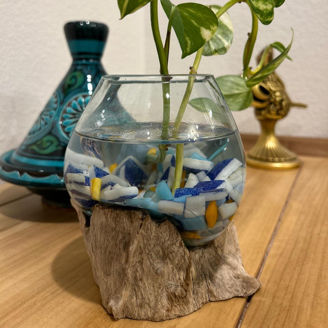 Hand-Blown Glass & Natural Tree Stump Vase